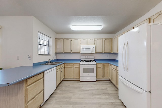 1128 Pandora Dr SW, Los Lunas, NM 87031 - kitchen featuring white appliances, light brown cabinetry, a sink, and light wood-type flooring