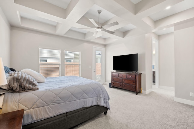 6527 Trestle Glen Rd NW, Albuquerque, NM 87120 - bedroom featuring coffered ceiling, light carpet, baseboards, beamed ceiling, and ceiling fan
