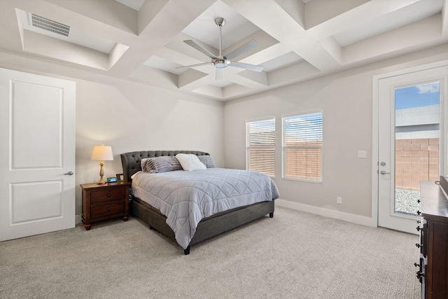 6527 Trestle Glen Rd NW, Albuquerque, NM 87120 - bedroom with coffered ceiling, light colored carpet, access to outside, ceiling fan, and beam ceiling