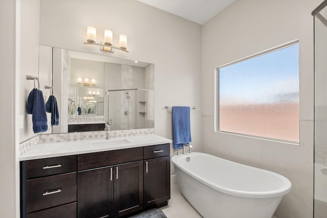 6527 Trestle Glen Rd NW, Albuquerque, NM 87120 - full bathroom with a shower stall, vanity, and a freestanding tub