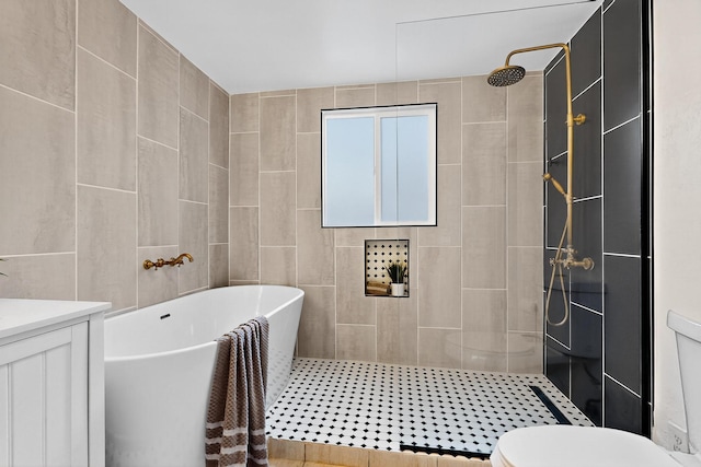 3801 Simms Ave SE, Albuquerque, NM 87108 - bathroom with a soaking tub, tiled shower, tile walls, and vanity
