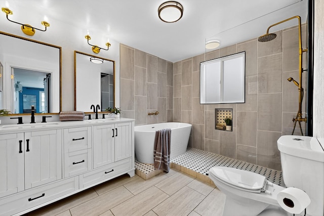 3801 Simms Ave SE, Albuquerque, NM 87108 - full bath with a freestanding tub, double vanity, a tile shower, and tile walls