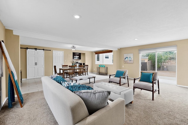 3801 Simms Ave SE, Albuquerque, NM 87108 - living area with a barn door, carpet flooring, and recessed lighting