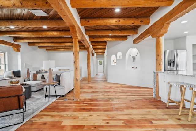 30A Arroyo Coyote Rd, Santa Fe, NM 87508 - living room featuring a wood ceiling with exposed beams, light wood-type flooring, and recessed lighting