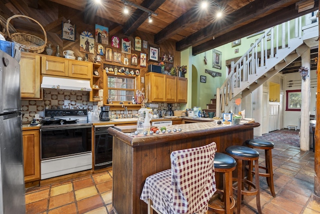 4 Pop Chalee, Glorieta, NM 87535 - kitchen featuring electric range oven, under cabinet range hood, wooden ceiling with exposed beams, a kitchen bar, and freestanding refrigerator