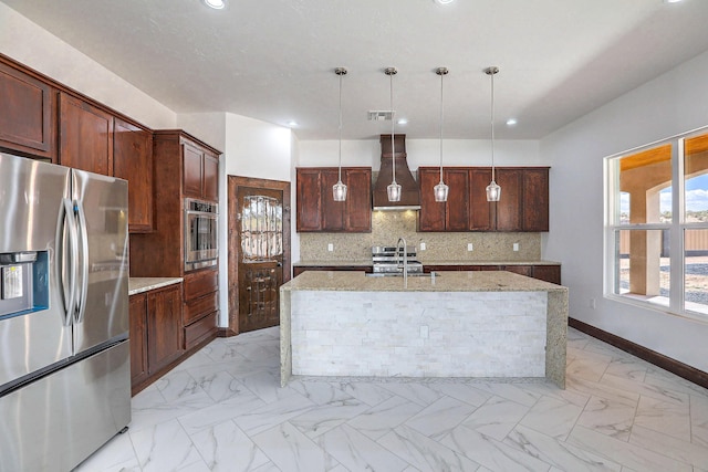 1209 11th St SE, Rio Rancho, NM 87124 - kitchen with appliances with stainless steel finishes, premium range hood, a sink, backsplash, and light marble finish flooring
