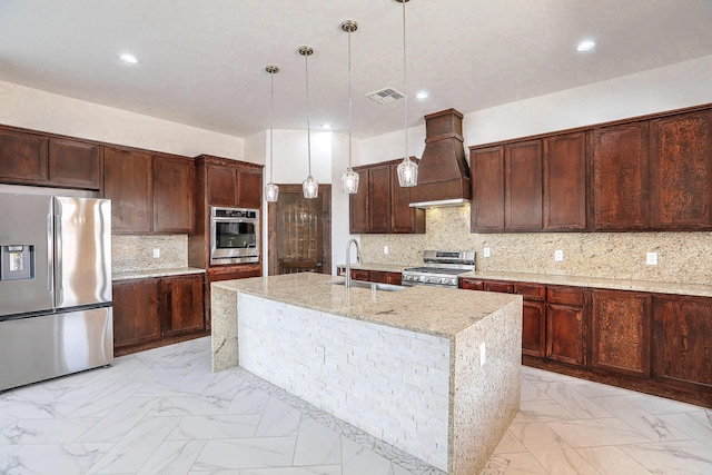 1209 11th St SE, Rio Rancho, NM 87124 - kitchen with stainless steel appliances, a sink, premium range hood, decorative backsplash, and light stone counters