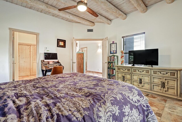 44 Roadrunner Trl, Placitas, NM 87043 - bedroom featuring wooden ceiling with exposed beams and ceiling fan