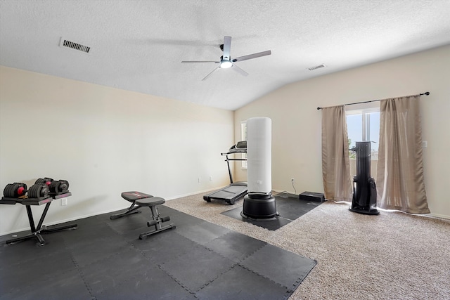 1311 Mirador Loop NE, Rio Rancho, NM 87144 - workout room with a ceiling fan, vaulted ceiling, a textured ceiling, and baseboards