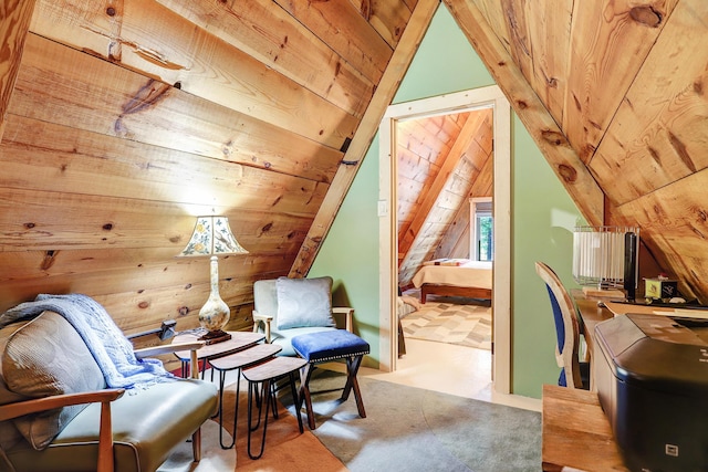 186 Cedar Rd, Jemez Springs, NM 87025 - living area featuring lofted ceiling, carpet flooring, wooden ceiling, and wooden walls