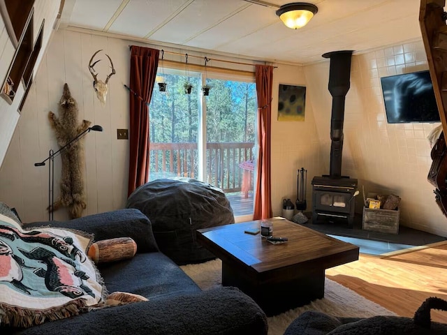123 Pine Dr, Jemez Springs, NM 87025 - living area featuring a wood stove and wood finished floors