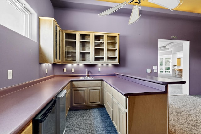2600 Griegos Pl NW, Albuquerque, NM 87107 - kitchen featuring a peninsula, glass insert cabinets, dark countertops, and a sink