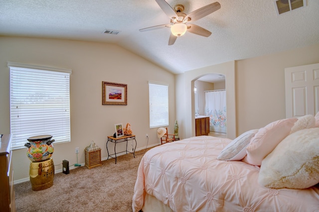7217 Skagway Dr NE, Rio Rancho, NM 87144 - bedroom with arched walkways, vaulted ceiling, carpet flooring, multiple windows, and baseboards