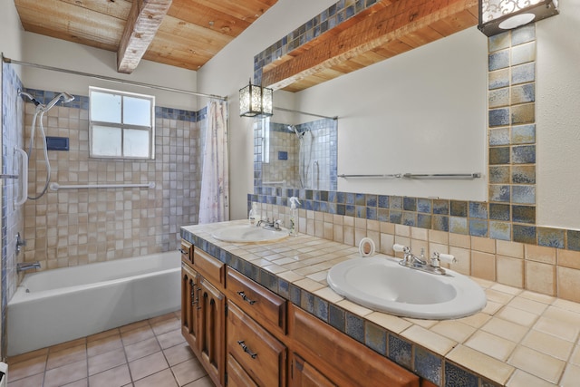 9705 Rio Grande Blvd NW, Albuquerque, NM 87114 - bathroom featuring wood ceiling with exposed beams, shower / bath combo, tile patterned floors, double vanity, and backsplash