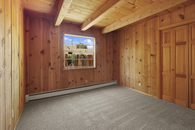9705 Rio Grande Blvd NW, Albuquerque, NM 87114 - empty room featuring wood ceiling with exposed beams, baseboard heating, carpet floors, and wooden walls