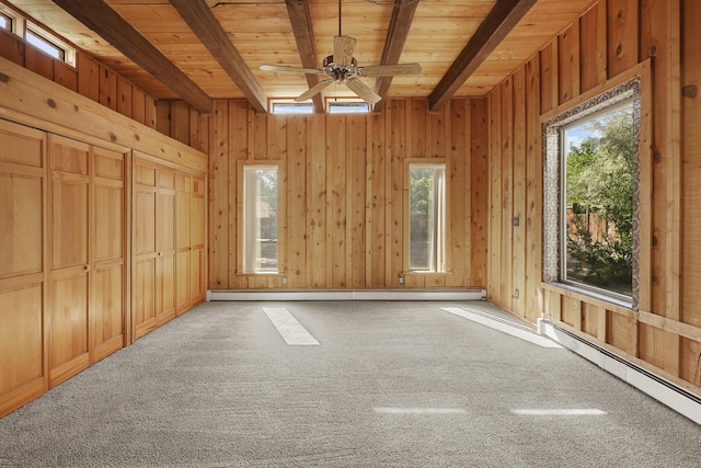 9705 Rio Grande Blvd NW, Albuquerque, NM 87114 - unfurnished bedroom featuring wood ceiling with exposed beams, a baseboard radiator, light carpet, and wooden walls