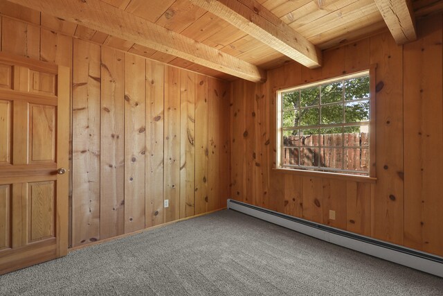 9705 Rio Grande Blvd NW, Albuquerque, NM 87114 - spare room with a baseboard heating unit, wooden ceiling with exposed beams, carpet, and wood walls