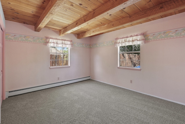 9705 Rio Grande Blvd NW, Albuquerque, NM 87114 - carpeted empty room with a baseboard heating unit, wood ceiling with exposed beams, and baseboards