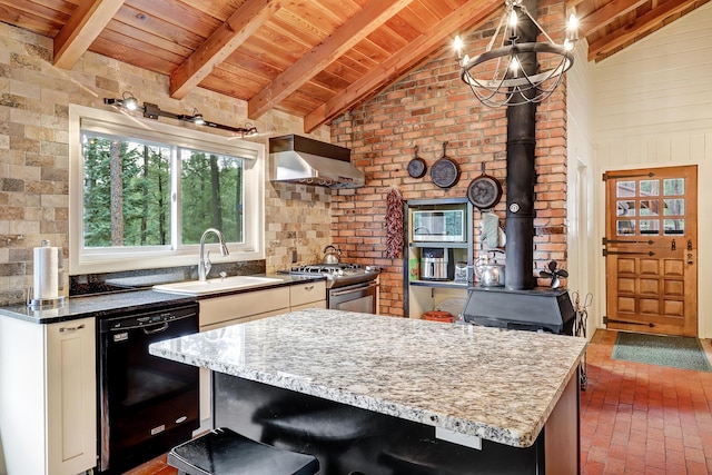 78 Slate Rd, Jemez Springs, NM 87025 - kitchen featuring wall chimney exhaust hood, stainless steel appliances, wood ceiling, a sink, and brick flooring