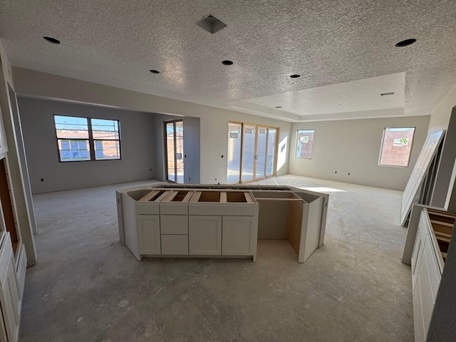6921 Archer Rd, Rio Rancho, NM 87144 - kitchen featuring open floor plan, a textured ceiling, plenty of natural light, a tray ceiling, and a kitchen island