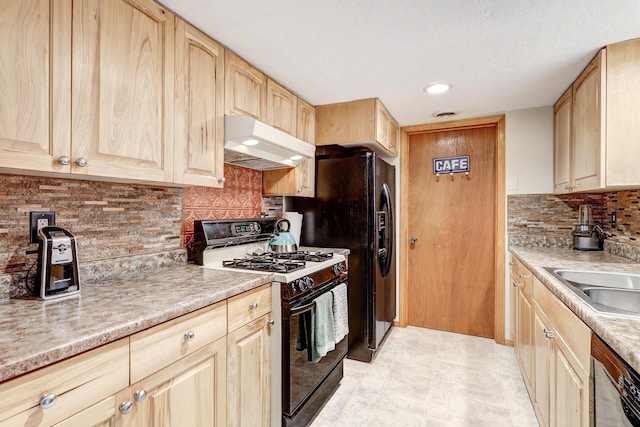 589 Diez Y Ocho Ct SE, Rio Rancho, NM 87124 - kitchen featuring gas range, under cabinet range hood, light brown cabinetry, dishwasher, and light countertops