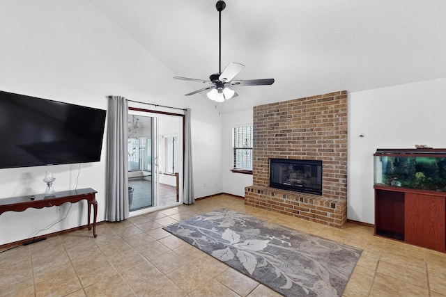 6322 Lamy St NW, Albuquerque, NM 87120 - unfurnished living room featuring tile patterned floors, a ceiling fan, a brick fireplace, high vaulted ceiling, and baseboards