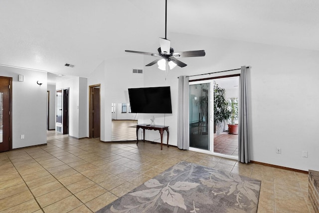 6322 Lamy St NW, Albuquerque, NM 87120 - unfurnished living room with high vaulted ceiling, light tile patterned floors, ceiling fan, and baseboards
