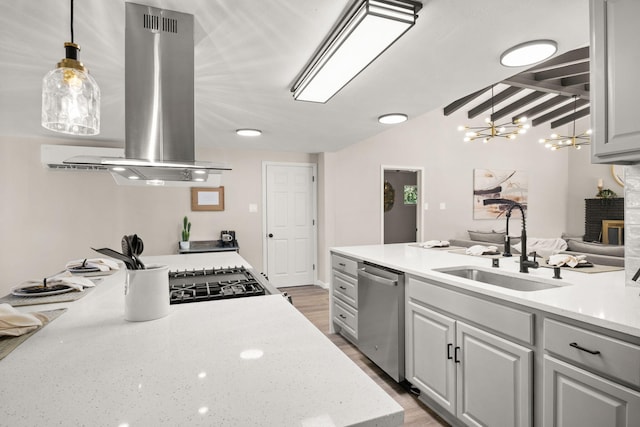 11701 Summer Ave NE, Albuquerque, NM 87112 - kitchen with island range hood, dishwasher, a sink, a chandelier, and decorative light fixtures