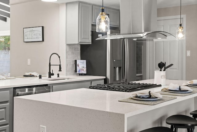 11701 Summer Ave NE, Albuquerque, NM 87112 - kitchen with a sink, island exhaust hood, light stone counters, hanging light fixtures, and backsplash