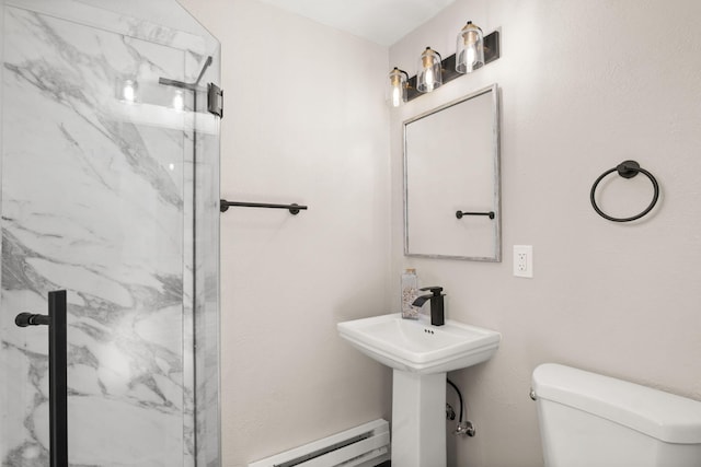11701 Summer Ave NE, Albuquerque, NM 87112 - bathroom featuring a baseboard radiator, a marble finish shower, toilet, and a sink