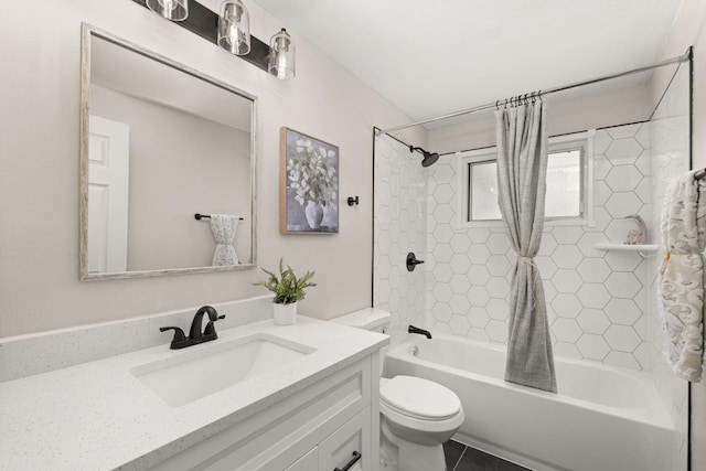 11701 Summer Ave NE, Albuquerque, NM 87112 - bathroom with shower / bath combo with shower curtain, vanity, toilet, and tile patterned flooring
