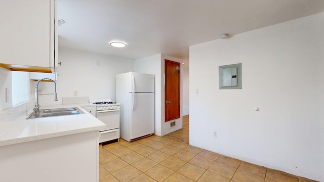 1207 Barelas Rd SW, Albuquerque, NM 87102 - kitchen with white appliances, electric panel, light tile patterned floors, and white cabinetry