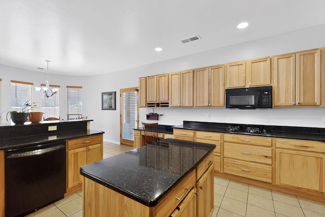 1365 Wilkes Way SE, Rio Rancho, NM 87124 - kitchen featuring black appliances, light tile patterned floors, a center island, light brown cabinets, and recessed lighting