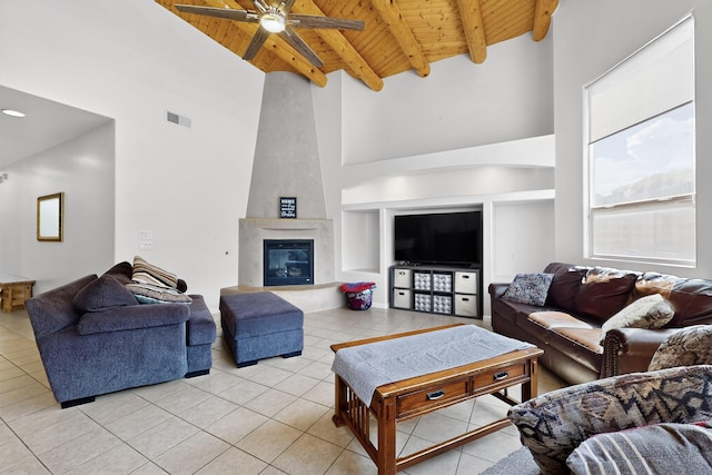 1365 Wilkes Way SE, Rio Rancho, NM 87124 - living room featuring wooden ceiling with exposed beams, light tile patterned floors, a ceiling fan, a high ceiling, and a large fireplace