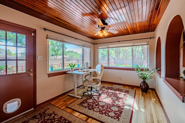 7909 Rancho De Roberto Rd NW, Albuquerque, NM 87114 - office area with plenty of natural light, arched walkways, wooden ceiling, wood finished floors, and a ceiling fan
