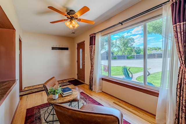 7909 Rancho De Roberto Rd NW, Albuquerque, NM 87114 - doorway with light wood finished floors and ceiling fan