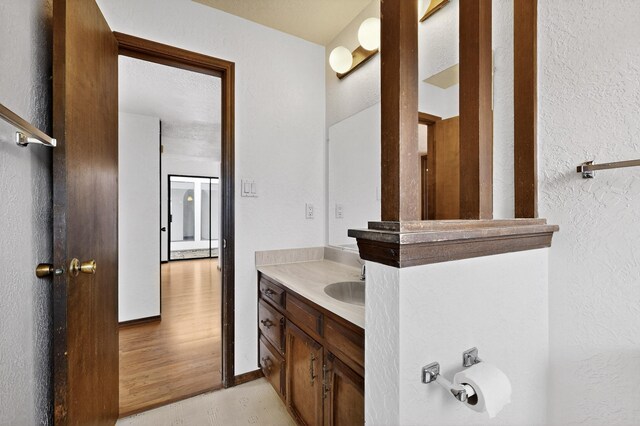 10017 Boulder St NW, Albuquerque, NM 87114 - bathroom with vanity, wood finished floors, and a textured wall