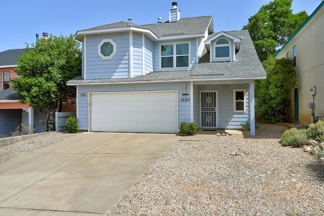 12323 Haines Ave NE, Albuquerque, NM 87112 - traditional home with driveway, an attached garage, a chimney, and roof with shingles
