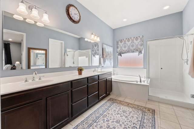 4118 Pico Norte Ln NE, Rio Rancho, NM 87124 - full bathroom with a shower stall, double vanity, a bath, and tile patterned floors