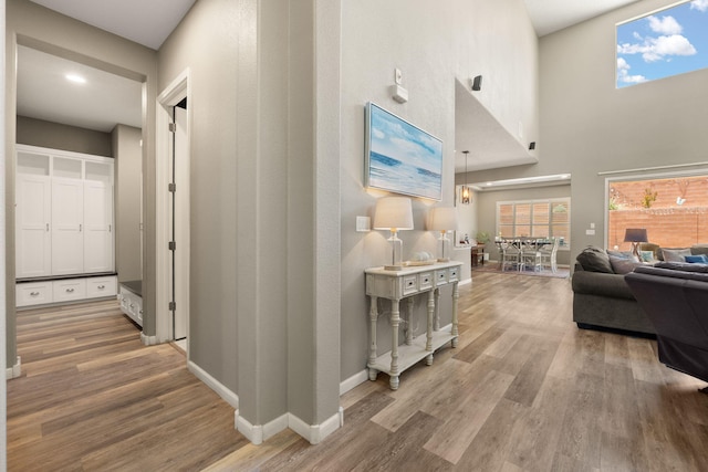 4118 Pico Norte Ln NE, Rio Rancho, NM 87124 - hallway with wood finished floors, baseboards, and a towering ceiling