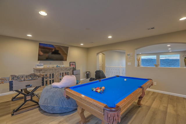 2350 Sandra Loop NE, Rio Rancho, NM 87144 - rec room with arched walkways, light wood-style flooring, baseboards, recessed lighting, and billiards table