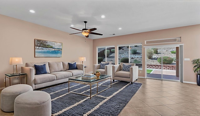 4281 Palo Verde Ct, Los Lunas, NM 87031 - living room featuring baseboards, ceiling fan, light tile patterned flooring, and recessed lighting