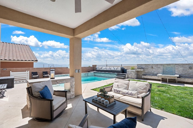 9128 Vista Bosquejo Rd NW, Albuquerque, NM 87120 - fenced backyard featuring an outdoor hangout area and a patio