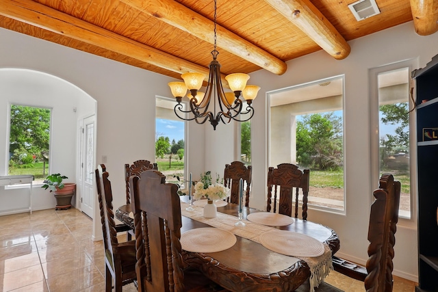 2061 Blaylock Ln NE, Los Lunas, NM 87031 - dining space featuring arched walkways, healthy amount of natural light, a chandelier, and a wooden ceiling with exposed beams