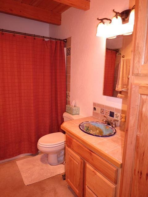 403 Candy Kitchen Rd, Ramah, NM 87321 - full bathroom with vanity, toilet, wooden ceiling with exposed beams, and a shower with curtain