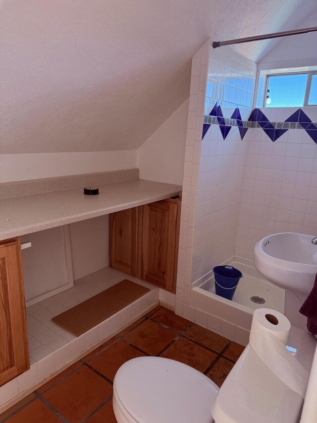 403 Candy Kitchen Rd, Ramah, NM 87321 - bathroom with lofted ceiling, a stall shower, toilet, a textured ceiling, and tile patterned floors