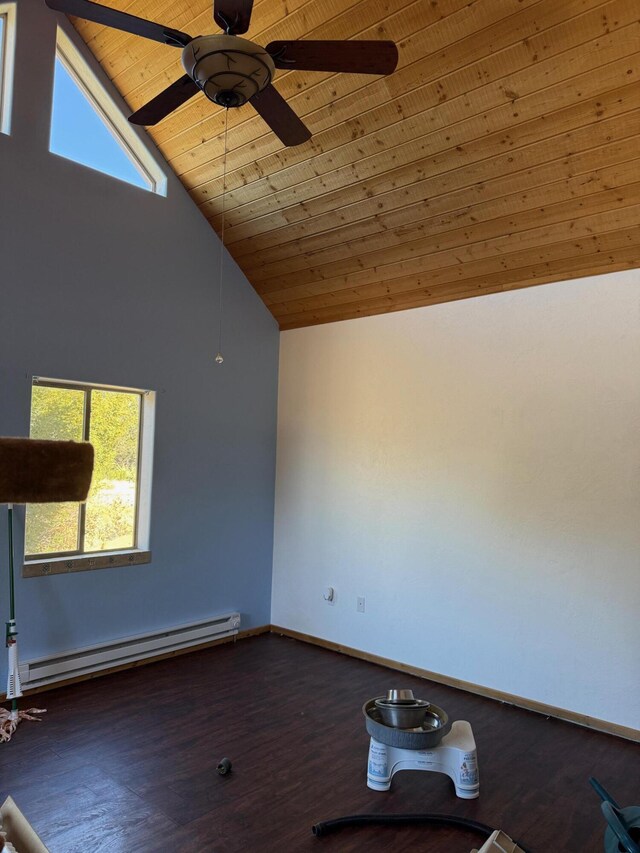 403 Candy Kitchen Rd, Ramah, NM 87321 - spare room with a baseboard radiator, wood ceiling, a ceiling fan, healthy amount of natural light, and high vaulted ceiling