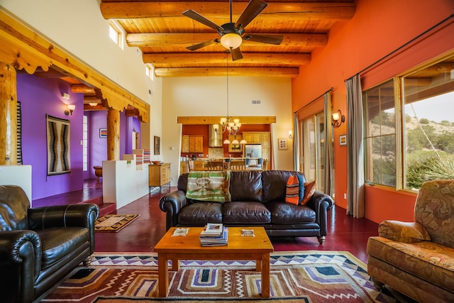 25 Camino Manzano, Placitas, NM 87043 - living room featuring a chandelier, ceiling fan, a wood ceiling with exposed beams, a high ceiling, and wood finished floors