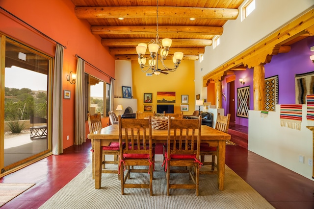 25 Camino Manzano, Placitas, NM 87043 - dining space featuring a wooden ceiling with exposed beams, a chandelier, and finished concrete flooring