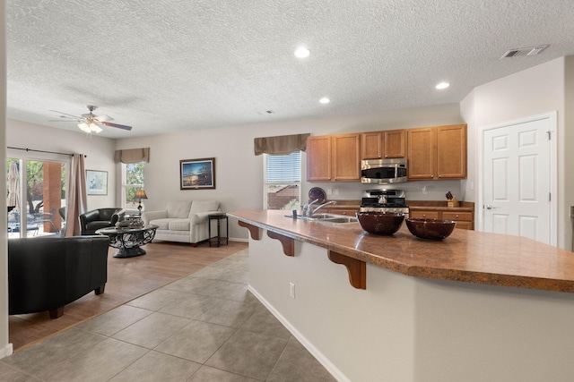 429 Paseo Vista Loop NE, Rio Rancho, NM 87124 - kitchen featuring appliances with stainless steel finishes, a sink, a textured ceiling, healthy amount of natural light, and ceiling fan